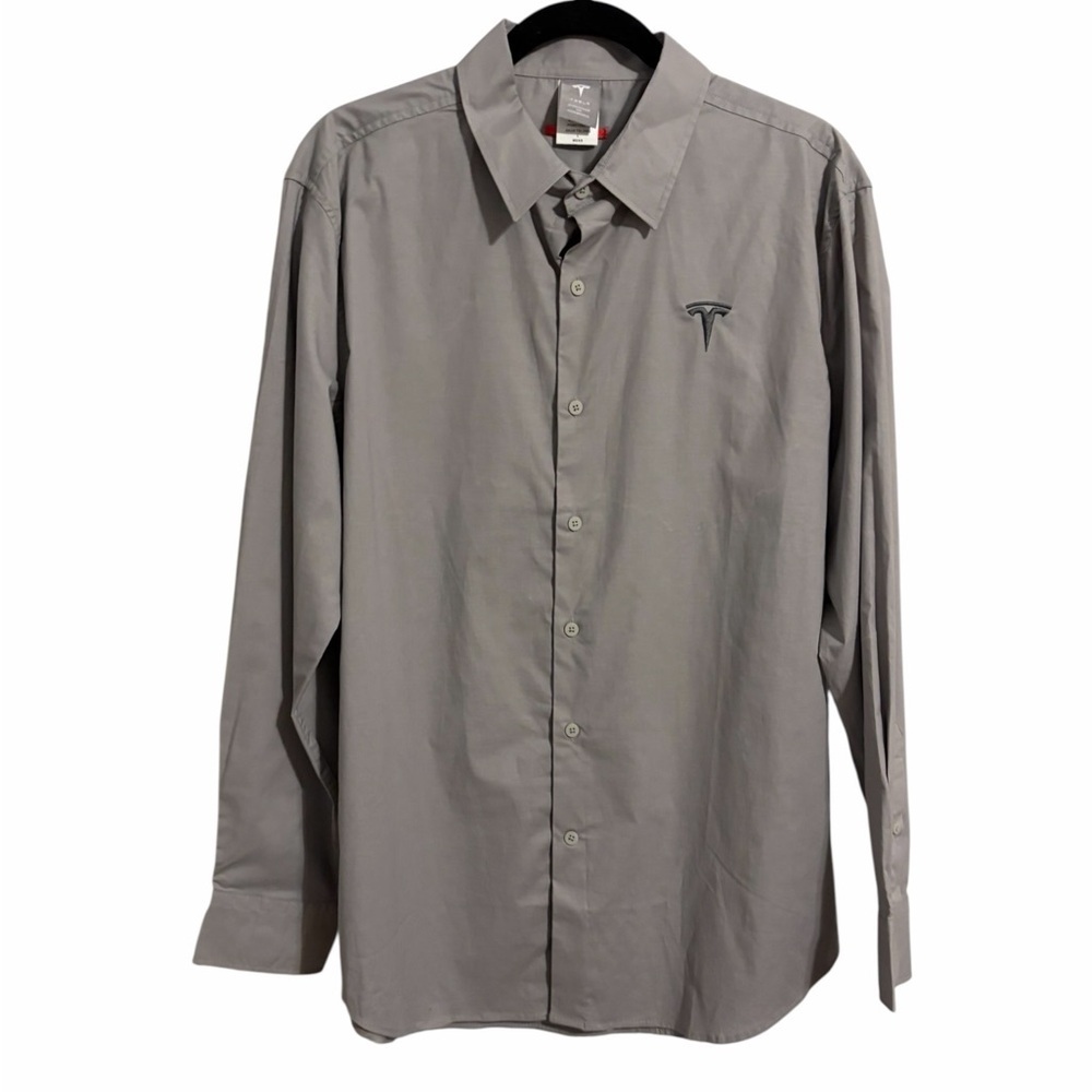 Tesla Mens LS Button Front Shirt Large Gray Embroidered Logo Cotton Poly TSL2982